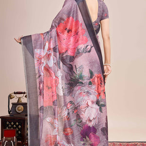 Dusky Purple Floral Printed Linen Saree