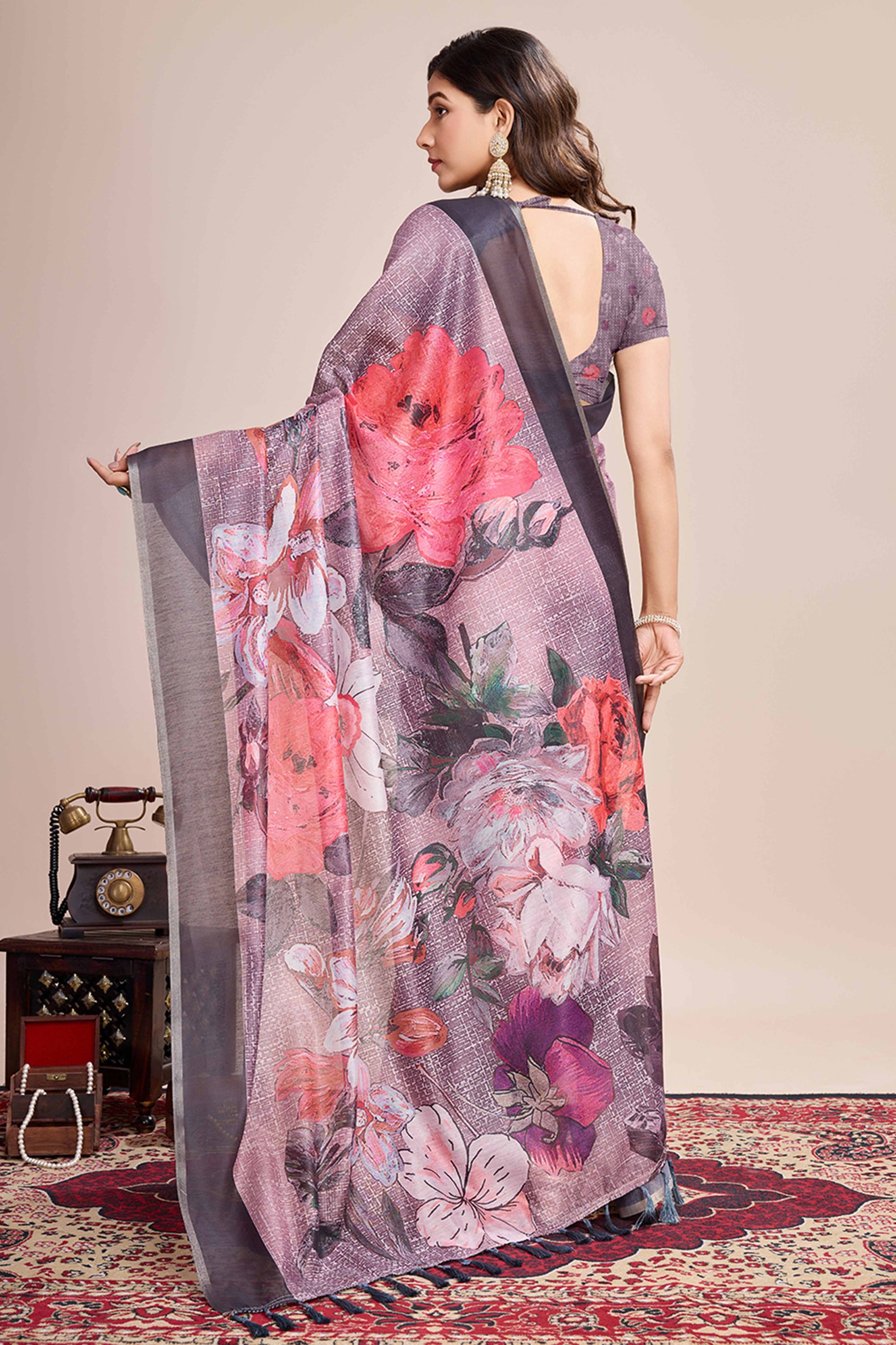 Dusky Purple Floral Printed Linen Saree