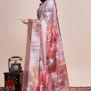 Coffee Brown Floral Printed Linen Saree