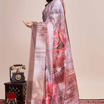 Coffee Brown Floral Printed Linen Saree