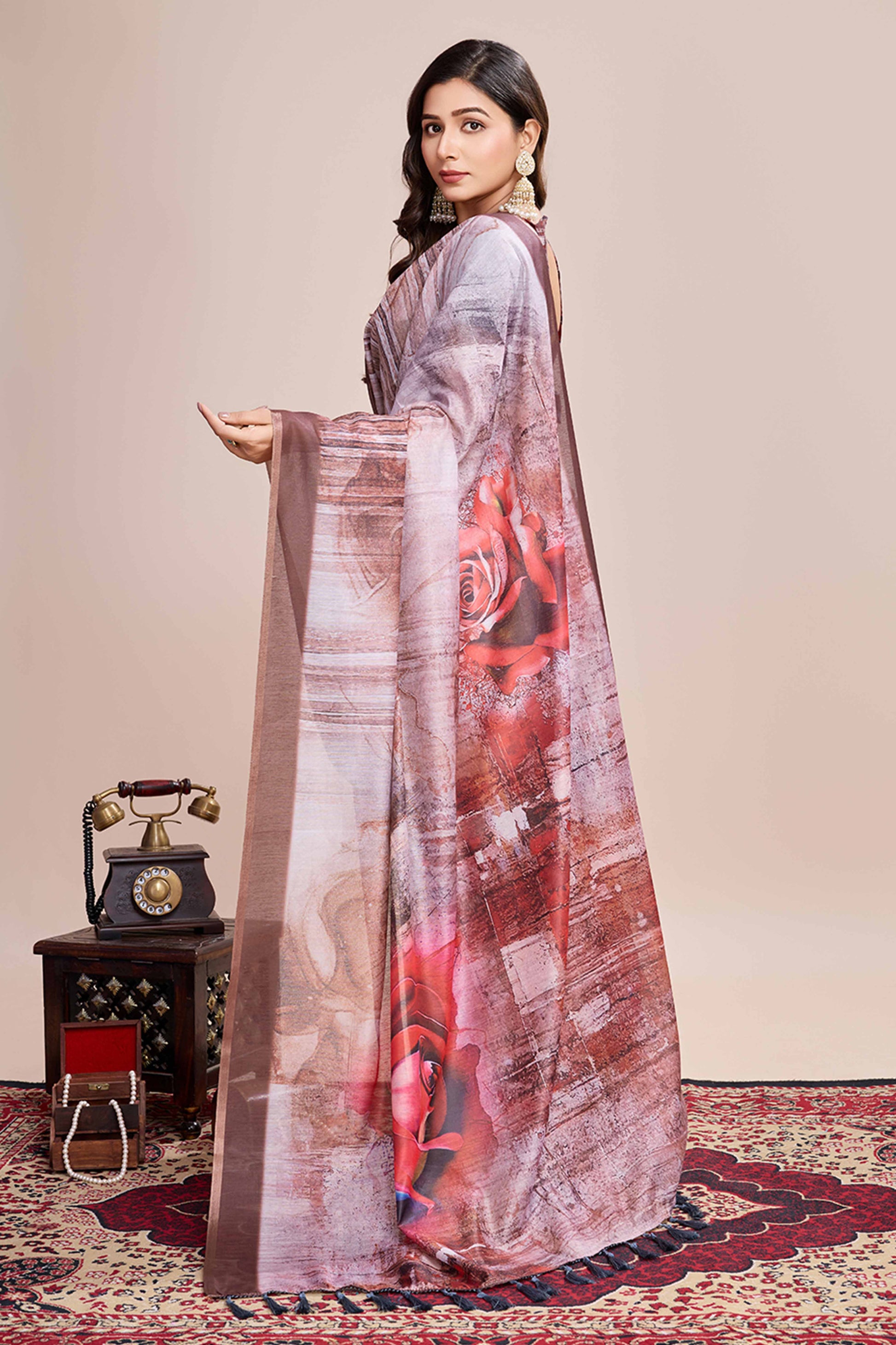 Coffee Brown Floral Printed Linen Saree