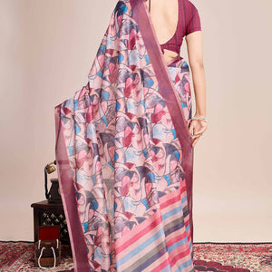 Multicolor Floral Printed Linen Saree