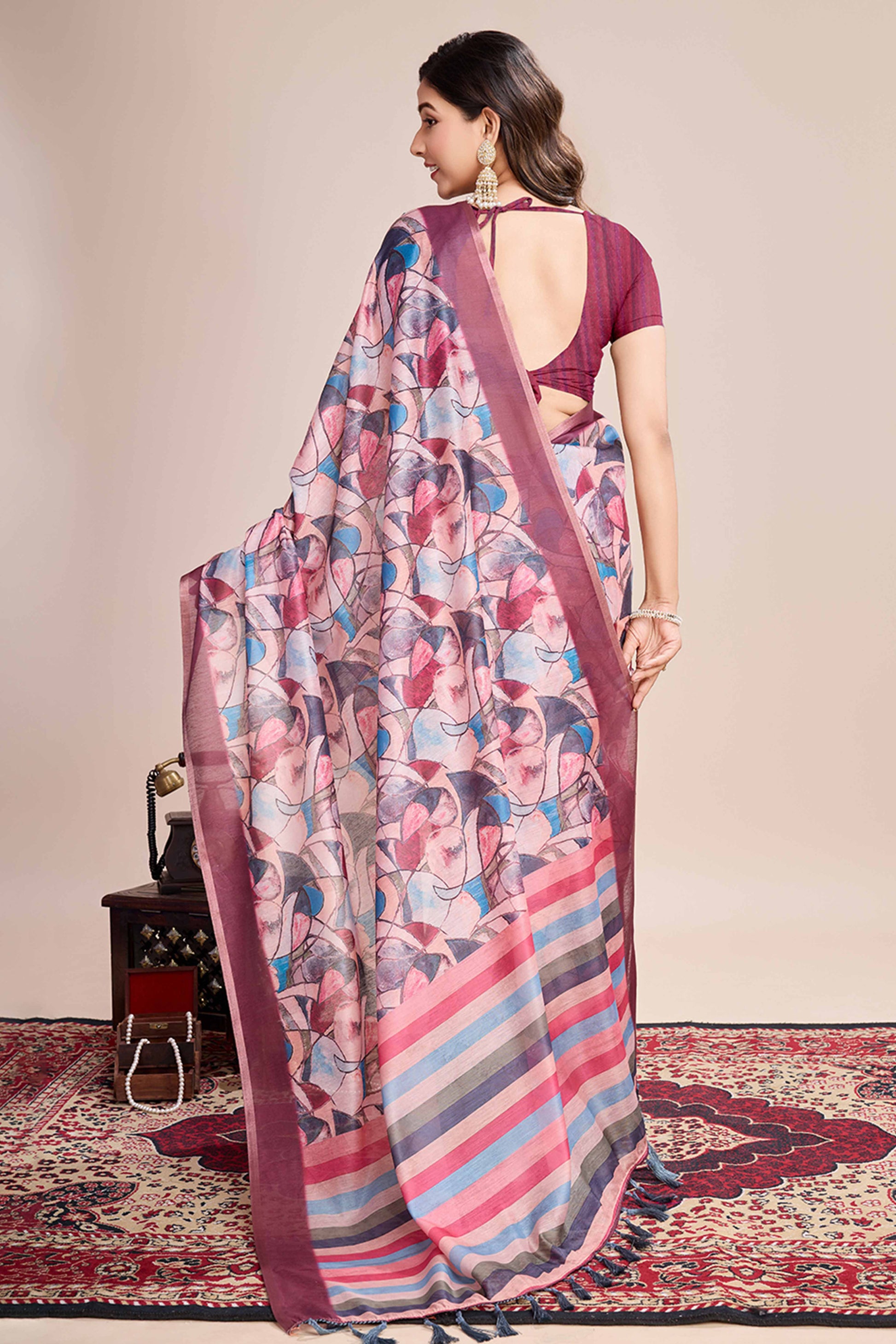 Multicolor Floral Printed Linen Saree