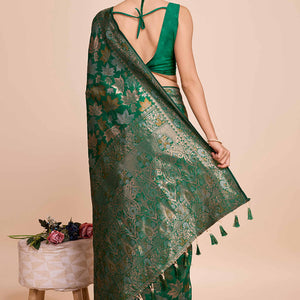 Dark Green Zari Weaving Pure Silk Saree