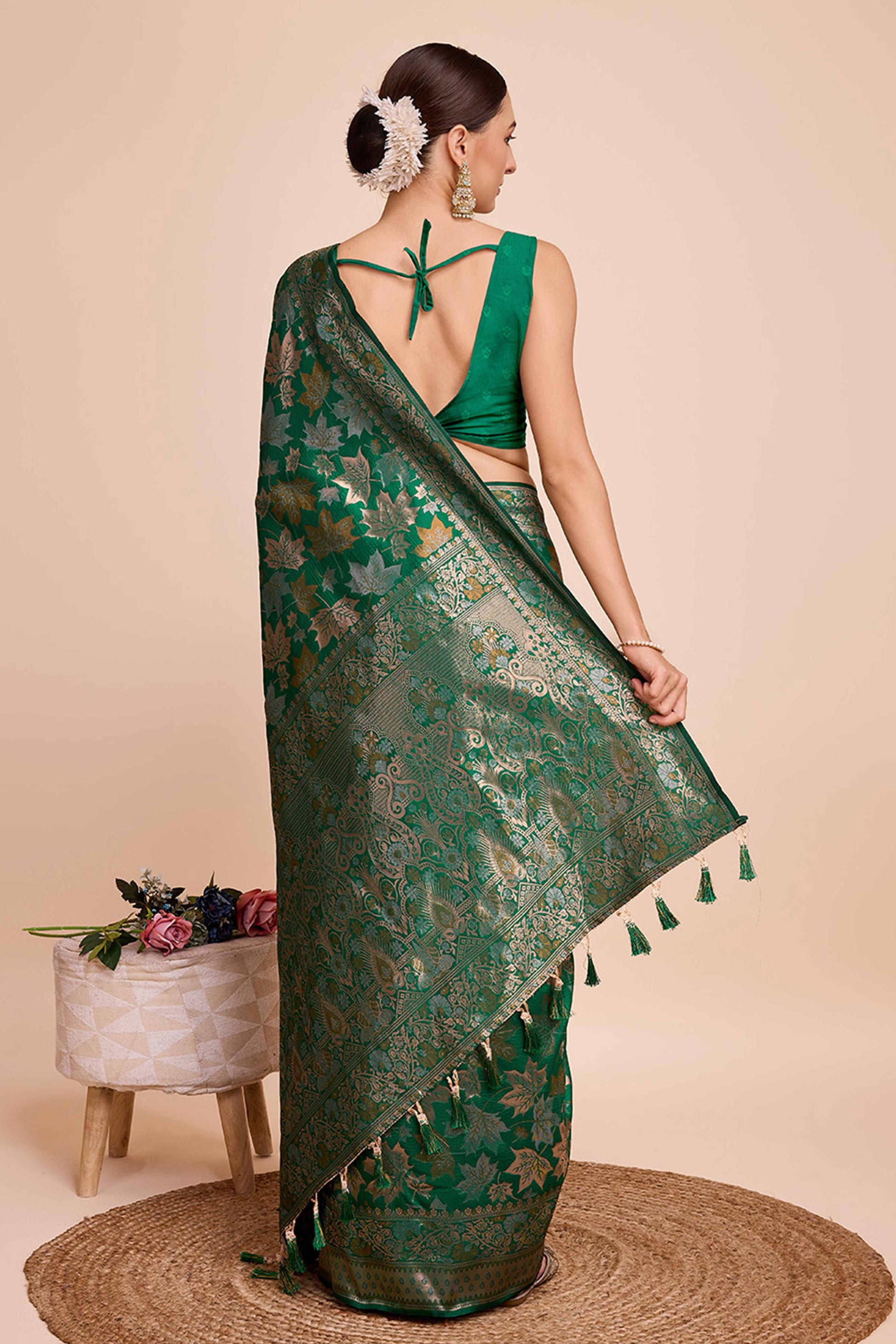 Dark Green Zari Weaving Pure Silk Saree
