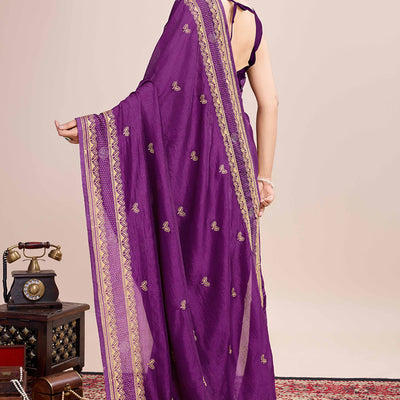 Magenta Floral Embroidered Vichitra Silk Saree