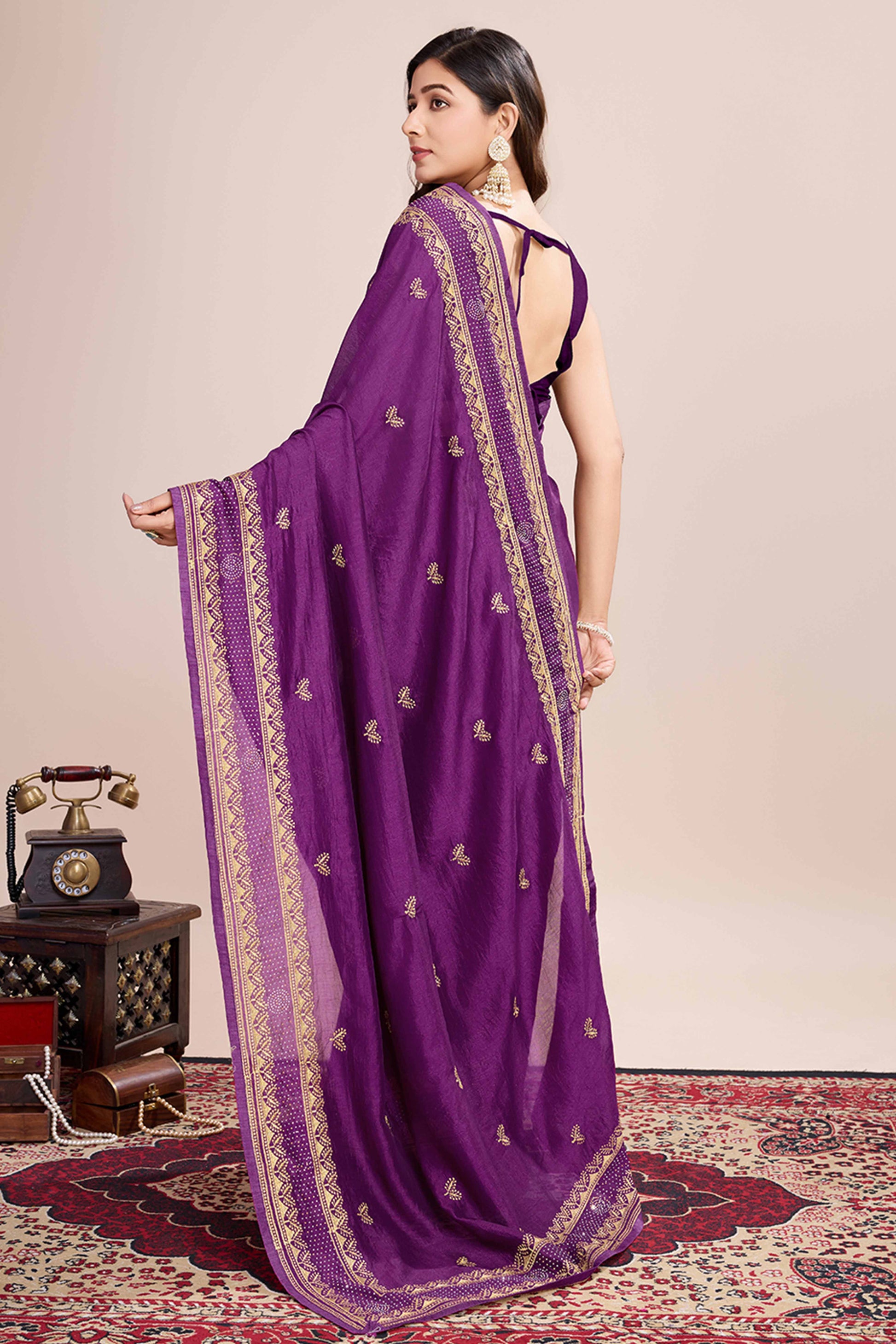 Magenta Floral Embroidered Vichitra Silk Saree