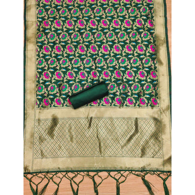 Bottle Green Floral Woven Banarasi Silk Dress Material