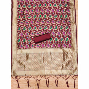 Maroon Floral Woven Banarasi Silk Dress Material