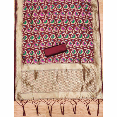 Maroon Floral Woven Banarasi Silk Dress Material