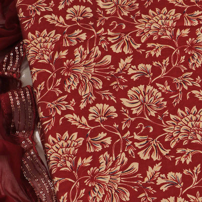 Maroon Floral Foil Printed Cotton Blend Dress Material