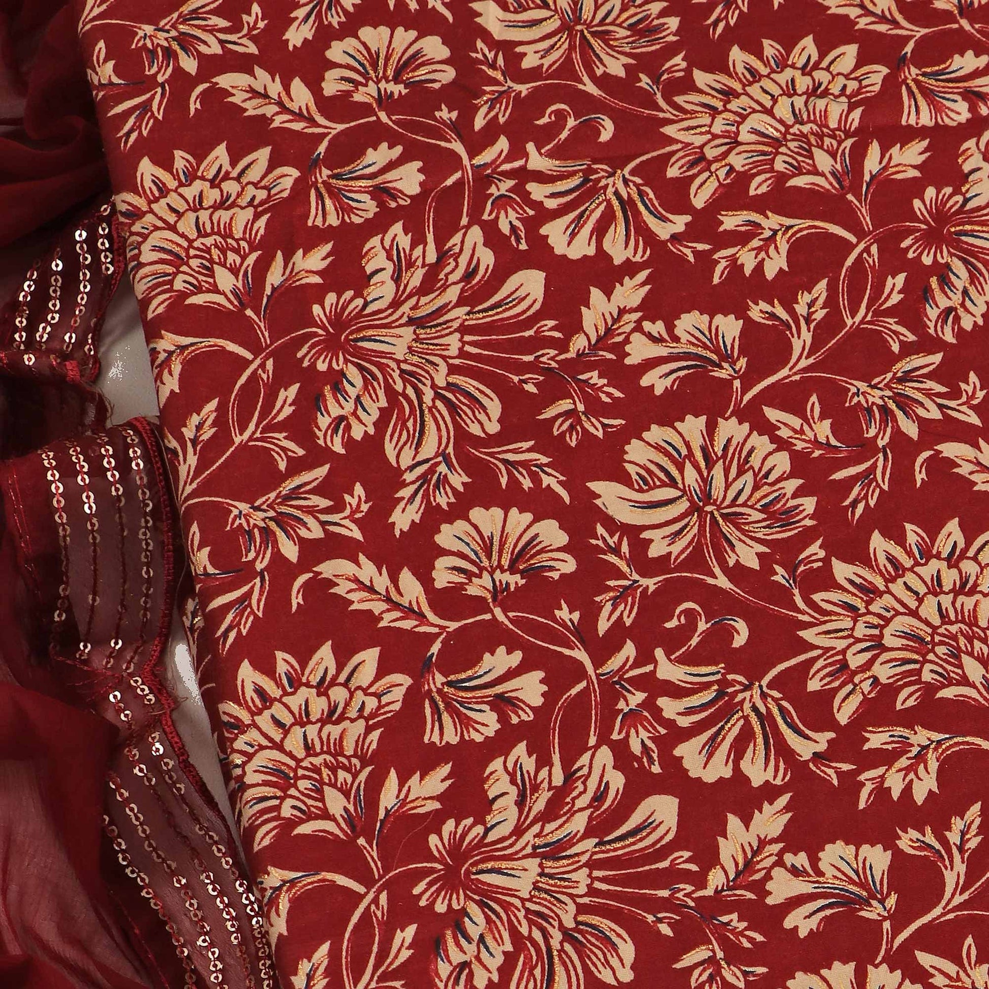 Maroon Floral Foil Printed Cotton Blend Dress Material