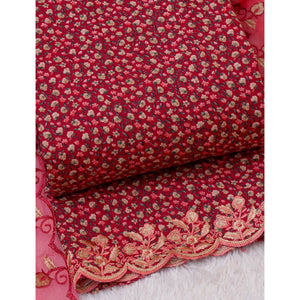 Cherry Red Floral Printed With Embroidery Cotton Silk Dress Material