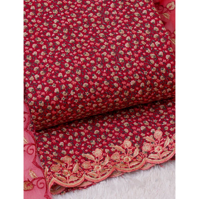 Cherry Red Floral Printed With Embroidery Cotton Silk Dress Material