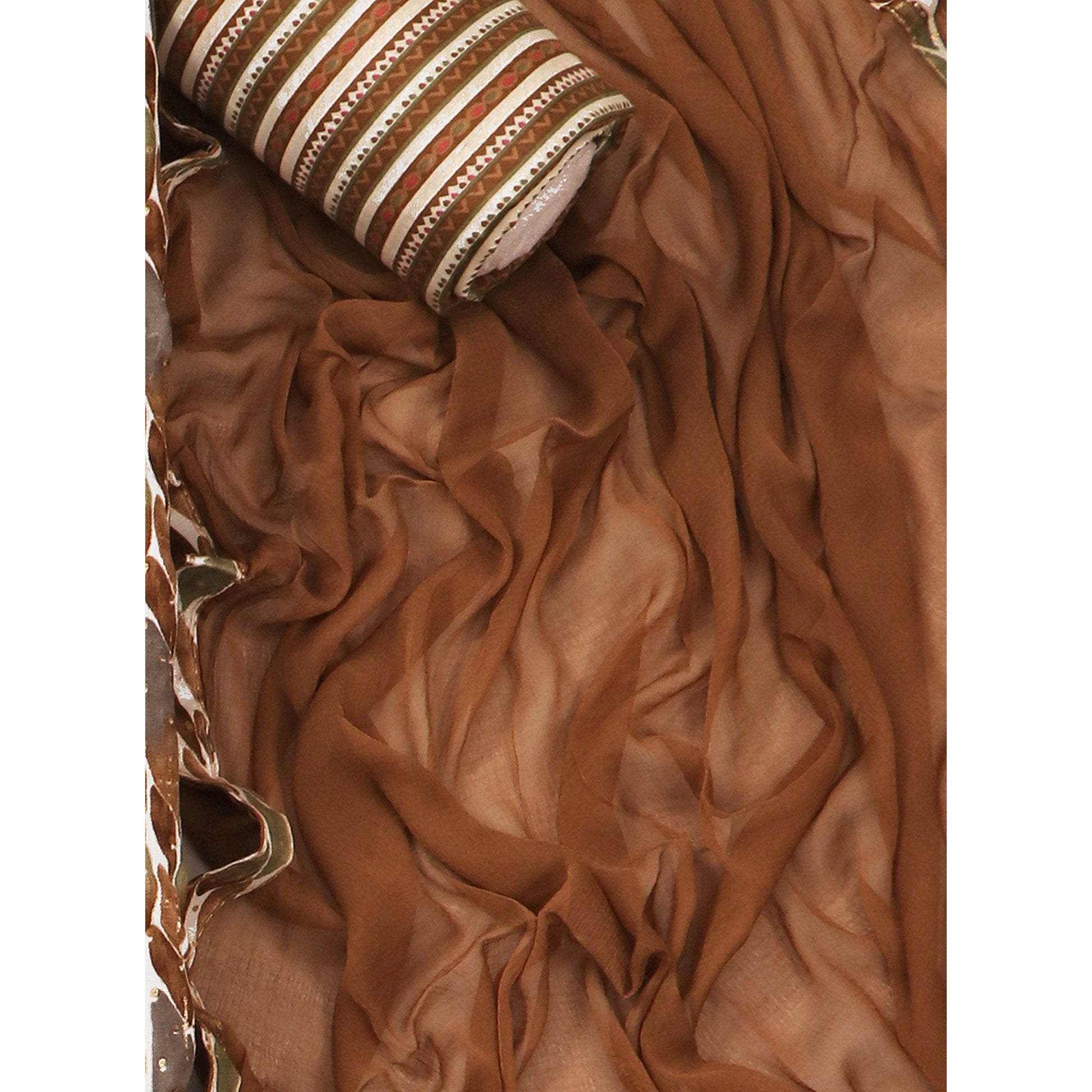 Brown Foil Printed With Embroidery Pure Cotton Dress Material