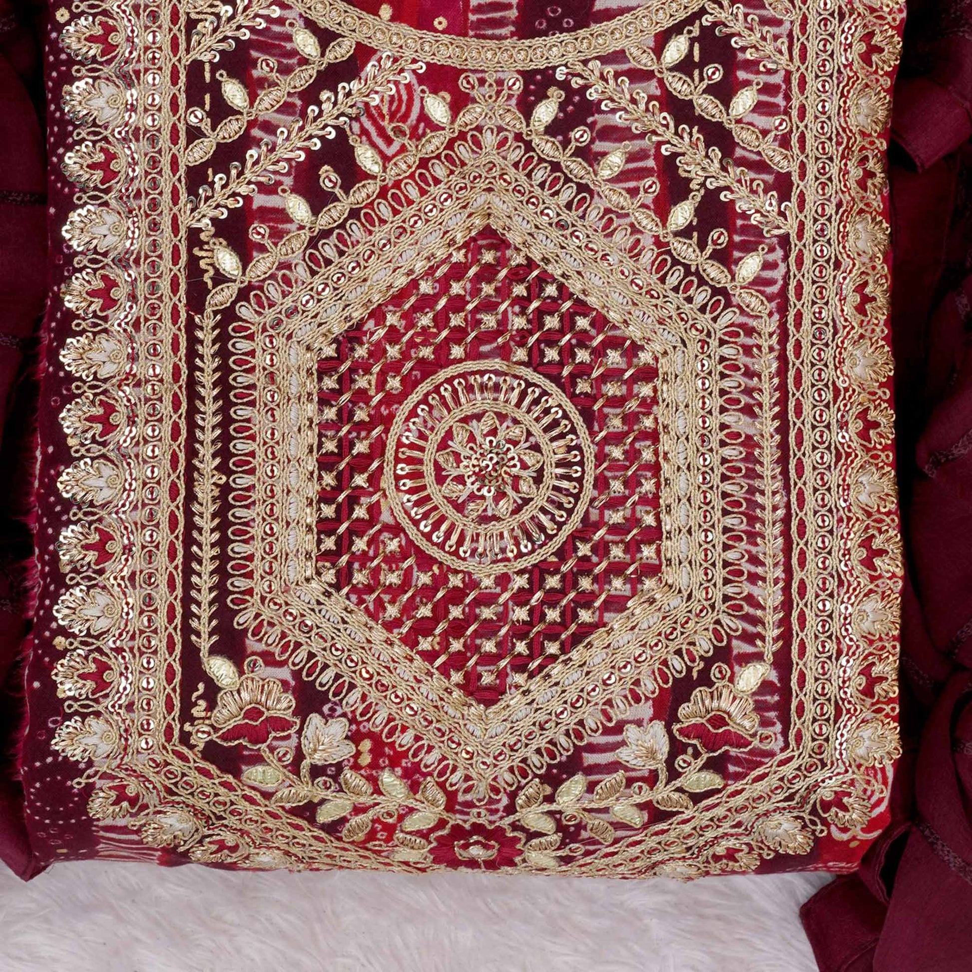 Maroon Bandhani Printed Rayon Dress Material