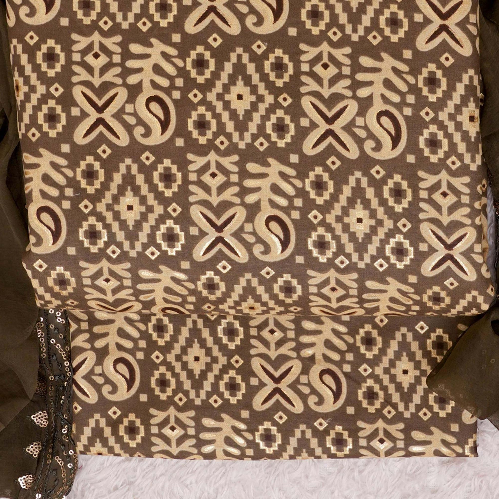 Brown Foil Printed Cotton Blend Dress Material