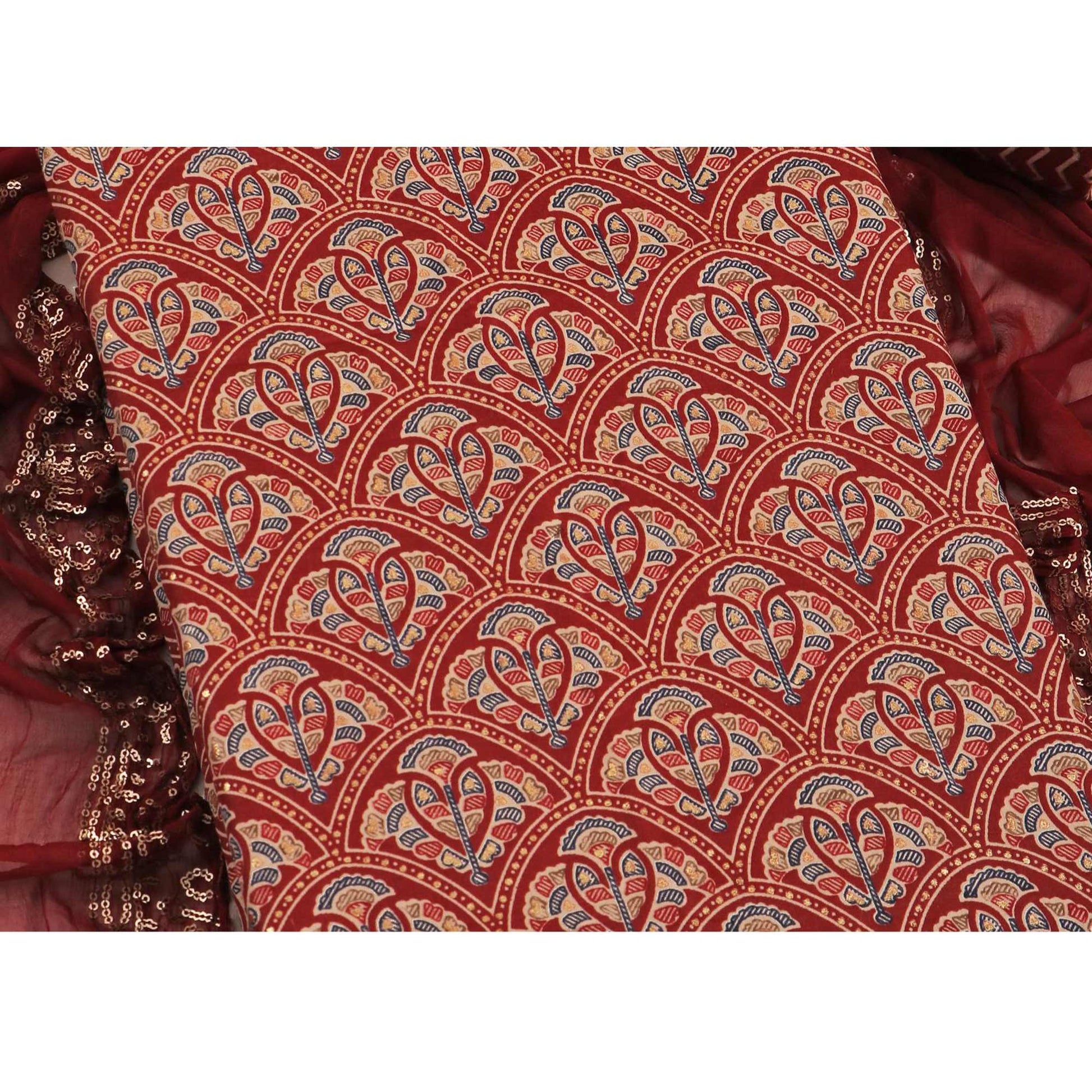 Maroon Floral Foil Printed Cotton Blend Dress Material