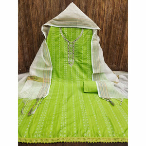 green-woven-with-handwork-cotton-blend-dress-material