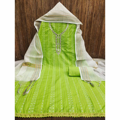 green-woven-with-handwork-cotton-blend-dress-material