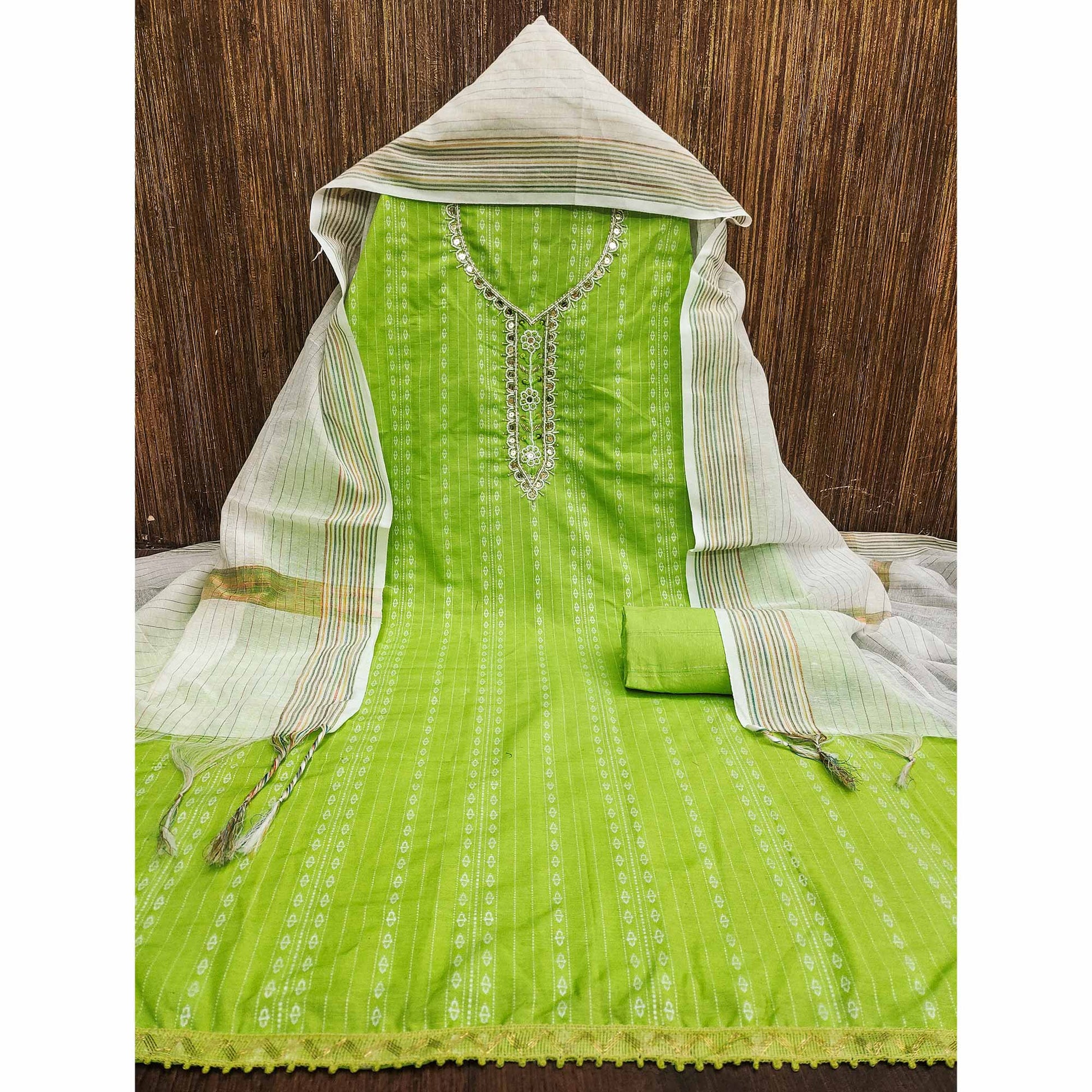 green-woven-with-handwork-cotton-blend-dress-material