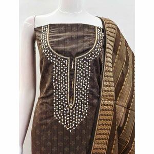 Brown Woven With Handwork Cotton Blend Dress Material