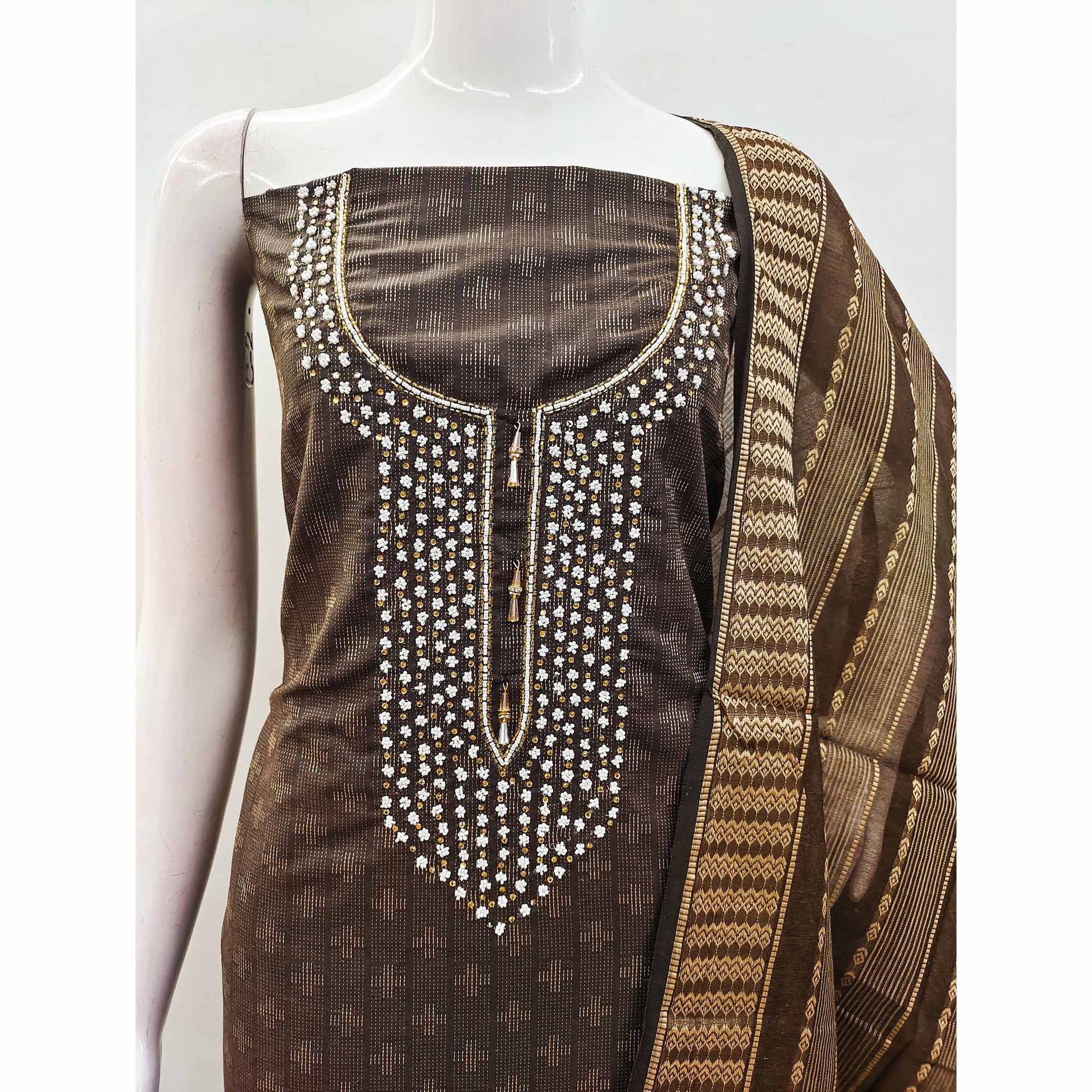 Brown Woven With Handwork Cotton Blend Dress Material