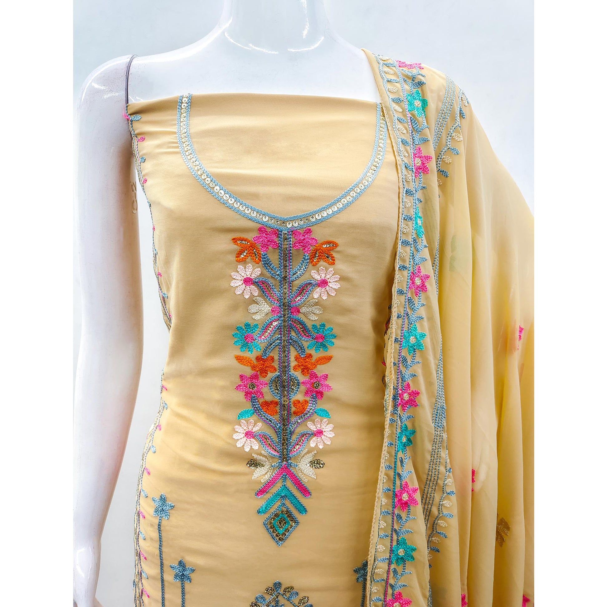 Chikoo Floral Sequins Embroidered Georgette Dress Material