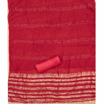 Maroon Floral Foil Printed With Handwork Modal Cotton Silk Dress Material