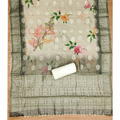 Cream Floral Sequins Embroidered Cotton Roman Silk Dress Material
