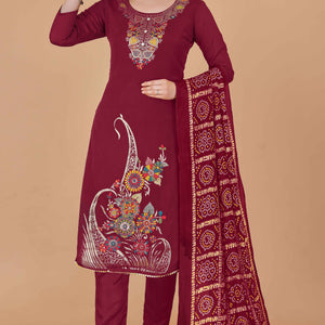 Maroon Floral Woven Chanderi Jacquard Dress Material