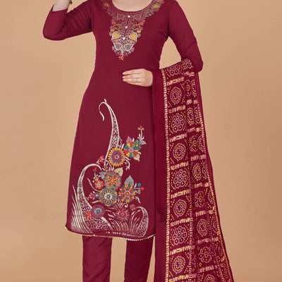 Maroon Floral Woven Chanderi Jacquard Dress Material