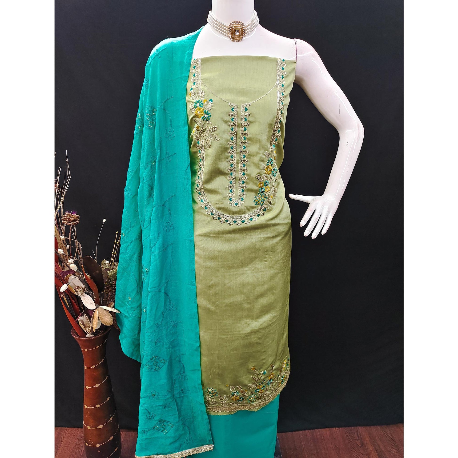green-floral-sequins-embroidered-art-silk-dress-material-25