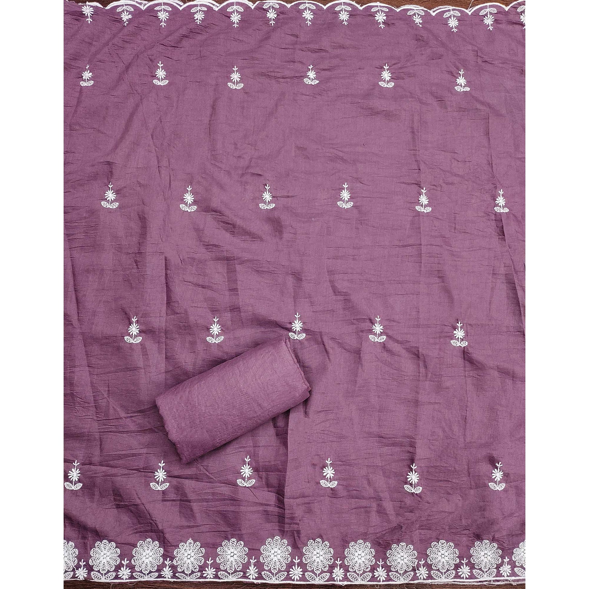 Dark Mauve Floral Embroidered Art Silk Dress Material