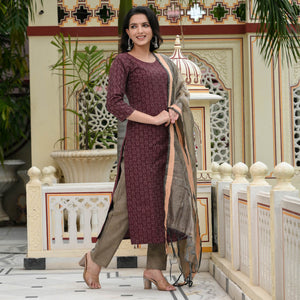 Maroon Woven Cotton Blend Dress Material