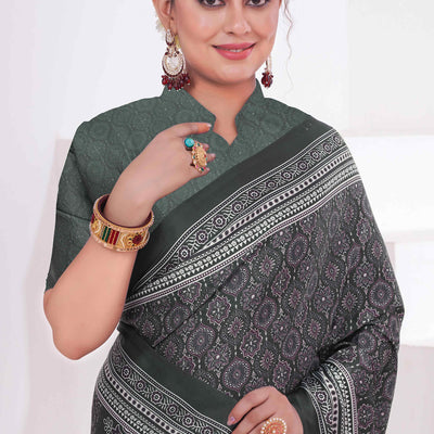 Bottle Green Digital Printed Crepe Saree