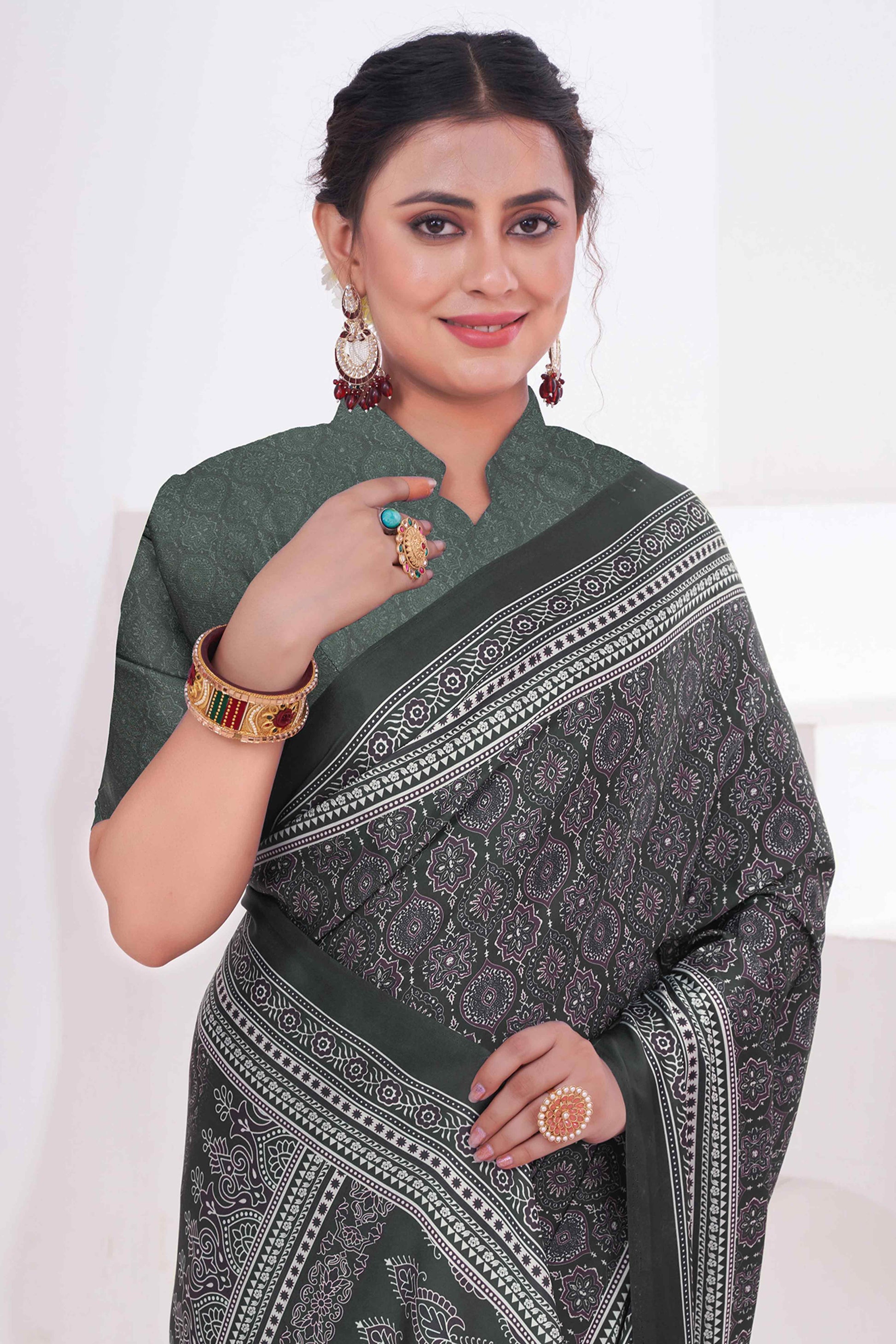 Bottle Green Digital Printed Crepe Saree