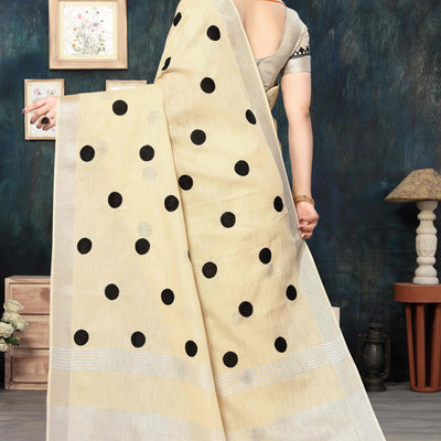 Cream Embroidered Linen Cotton Saree With Zari Border