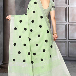 Light Green Embroidered Linen Cotton Saree With Zari Border