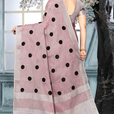Mauve Embroidered Linen Cotton Saree With Zari Border