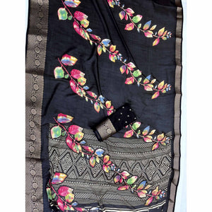 Black Printed Dola Silk Saree With Jacquard Border