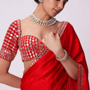 Crimson Red Mirror Embroidered Organza Saree
