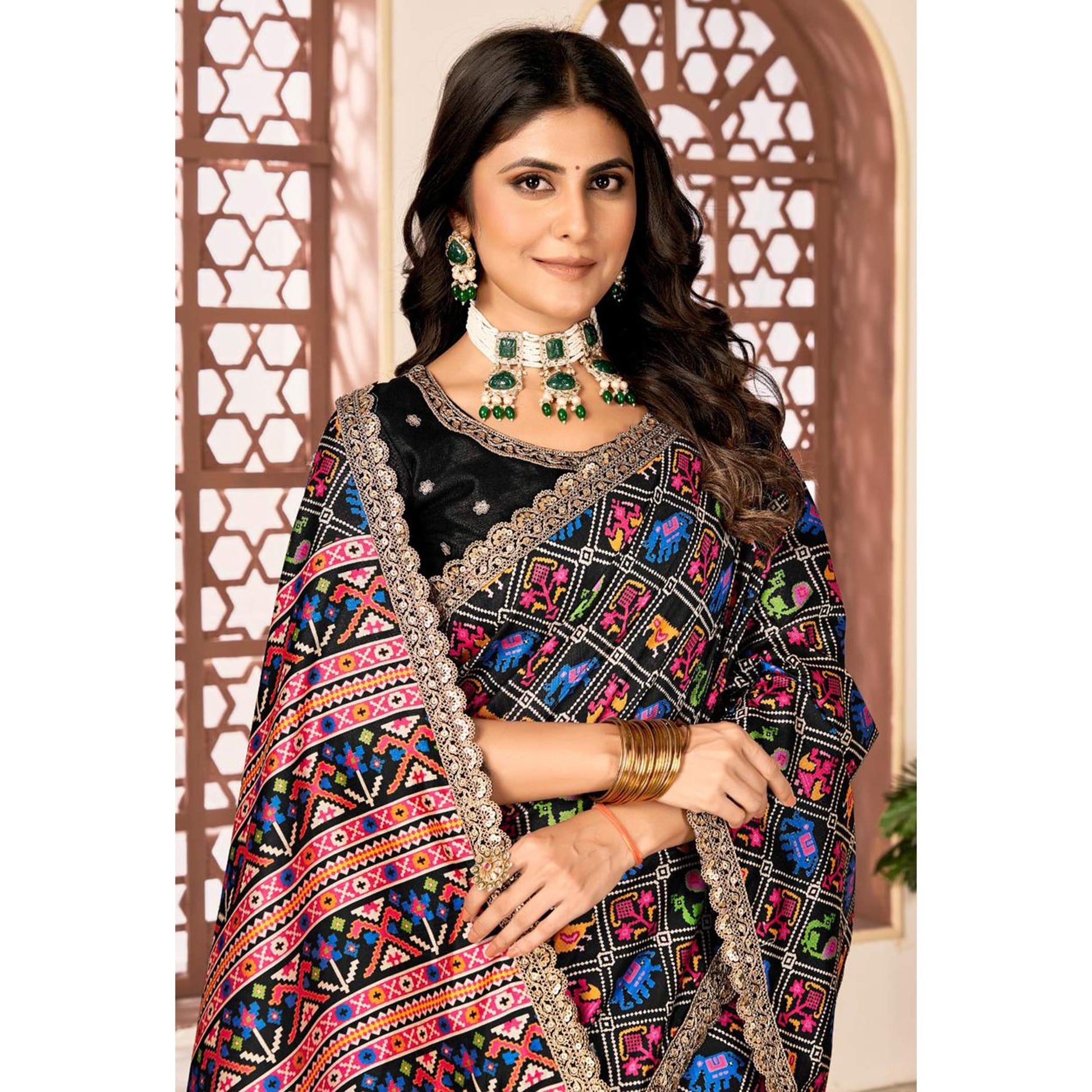 Black Printed Patola Tussar Silk Saree