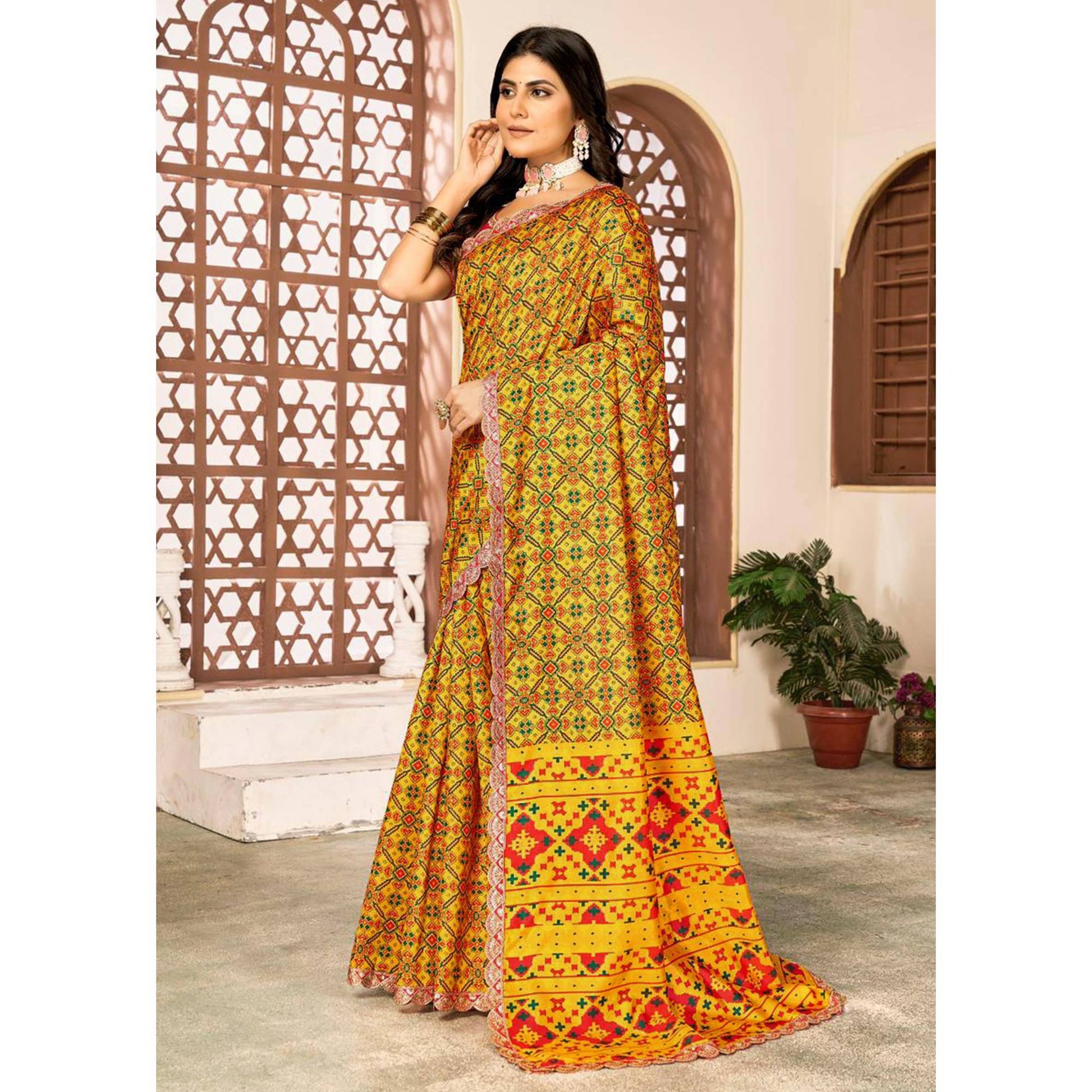 Mustard Printed Patola Tussar Silk Saree