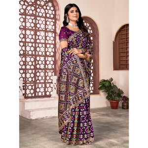 Wine Printed Patola Tussar Silk Saree