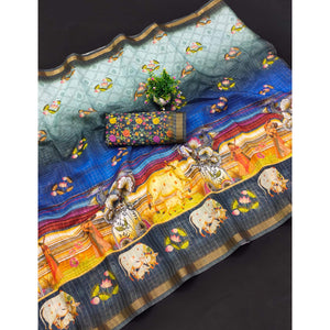 Multicolor Checks Zari Woven With Printed Linen Saree