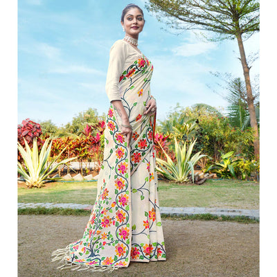 Cream Floral Woven Cotton Silk Saree With Tassels