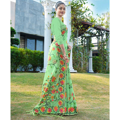 green-floral-woven-cotton-silk-saree-with-tassels-1