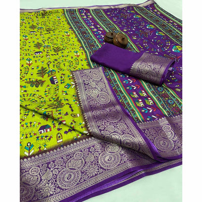 green-warli-printed-dola-silk-saree-with-zari-border
