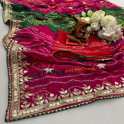 Multicolor Bandhani Printed Georgette Saree With Tassels